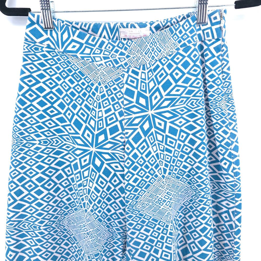 Dar Retro Psychedelic Handmade Blue White Geometric Pattern Wide Leg Pants 29 - Picture 2 of 10